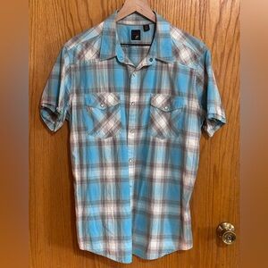 JF J.Ferrar men’s xl Turquoise and Gray Plaid Casual‎ Shirt pearl snap. N